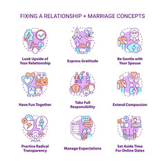 Fixing relationship and marriage concept icons set. Healthy communication with partner idea thin line color illustrations. Isolated symbols. Editable stroke. Roboto-Medium, Myriad Pro-Bold fonts used