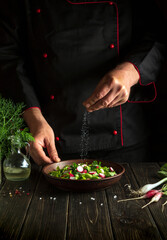 Professional chef sprinkles salt to salad of fresh vegetables in plate. Preparing healthy food on the kitchen