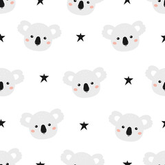 Cute koala seamless pattern. Cartoon koala and stars on a white background. Funny kids print. Nursery design for fabric, packaging, baby shower.