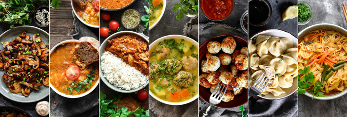 Collage of food in the dishes. A variety of food, vegetables, chicken, top view. Options for...