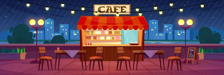 Fototapeta premium Outdoor cafe on a street at night with a city view. Restaurant with terrace or cafeteria in a park. Summer patio with tables and chairs illuminated with lamps. Cartoon style vector illustration.