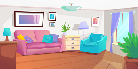 Modern cozy living room with furniture. The elegant interior design of a bright apartment. A couch, an armchair, picture frames on walls, a window, a plant, a lamp. Cartoon style vector illustration.