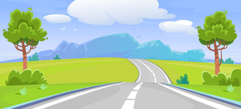 Vector background of a road to the mountains in cartoon style. Summer route to adventures through a scenic green valley in a national park. A massive mountain on the horizon. Landscape view.