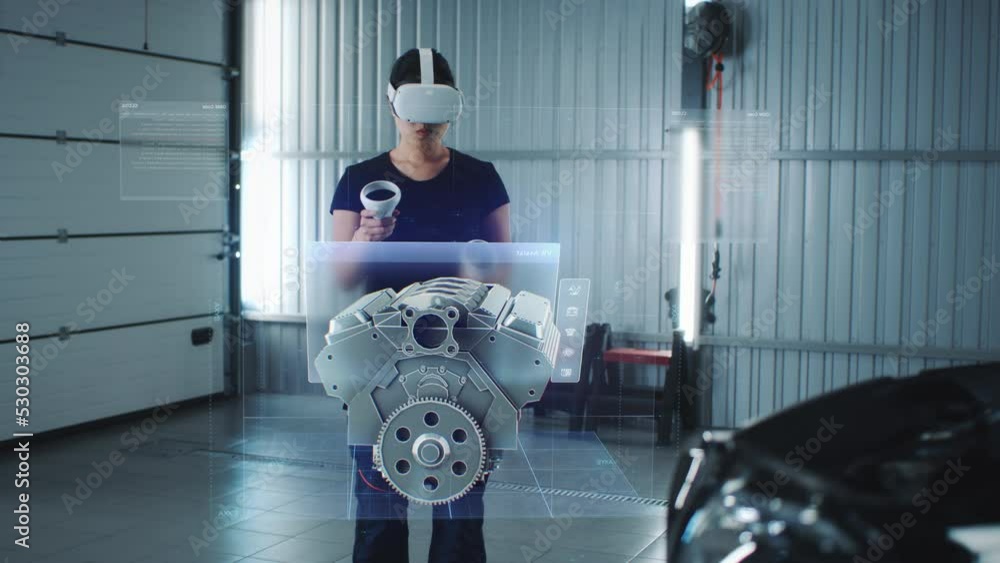 Wall mural car service manager uses virtual reality with futuristic augmented reality diagnostic software with 
