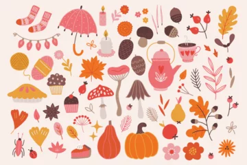 Foto op Plexiglas Autumn set - umbrella, mushrooms, candle, socks, yarn, pie, muffin, pumpkin © miumi