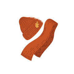 Red hat and red scarf vector stylized clipart. Autumn concept illustration is a perfect for stickers and icons. Warm autumn color pallet.
