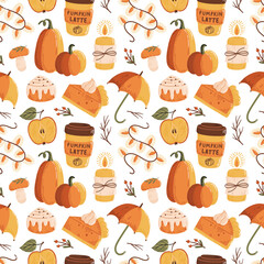 Autumn seamless pattern on white background. Fall concept illustration with traditional symbols for wrapping paper, fabric, scrapbooking.

