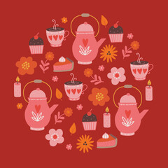 Autumn greeting card with teapot, muffin, tea, flowers, candle, pie