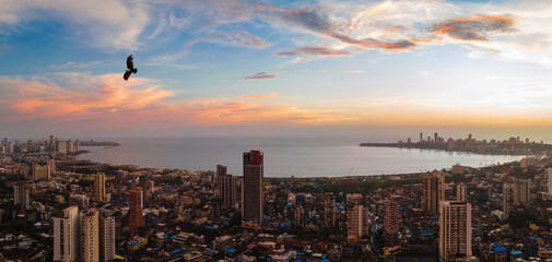 Marine Drive Mumbai Panorama - Most Beautiful landscape shot  - obrazy, fototapety, plakaty
