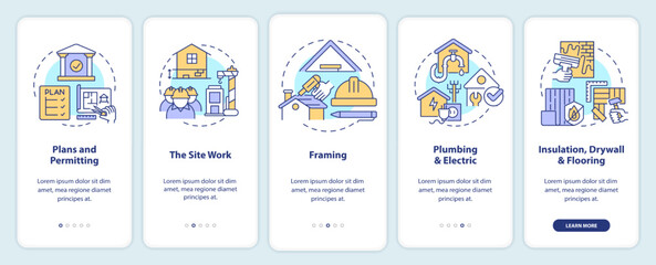 Phases of home building onboarding mobile app screen. Construction walkthrough 5 steps editable graphic instructions with linear concepts. UI, UX, GUI template. Myriad Pro-Bold, Regular fonts used