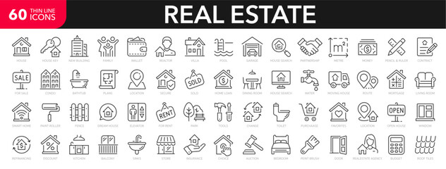 Real Estate line icons set. Real Estate outline icons collection. Purchase and sale of housing, rental of premises, insurance, realty, property, mortgage, home loan - stock vector. - obrazy, fototapety, plakaty