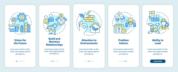 Good housing developer characteristics onboarding mobile app screen. Walkthrough 5 steps editable graphic instructions with linear concepts. UI, UX, GUI template. Myriad Pro-Bold, Regular fonts used