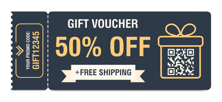 Discount coupon 50 percent off. Gift voucher with percentage marks, qr code and promo codes for website, internet ads, social media. Vector illustration