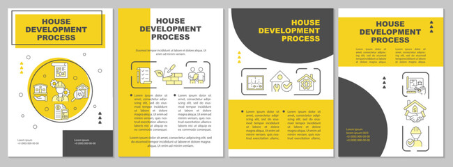 Housing development process yellow brochure template. Building. Leaflet design with linear icons. Editable 4 vector layouts for presentation, annual reports. Arial, Myriad Pro-Regular fonts used
