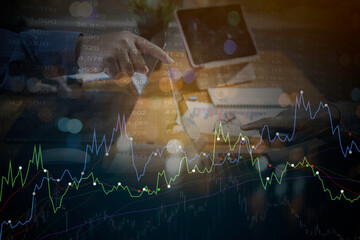 Double exposure of Stock market or forex trading graph for financial investment concept. Economy trends background for business idea and all art work design. Abstract finance background.