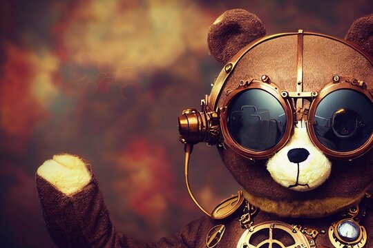 Funny teddy bear with steampunk accessories closeup