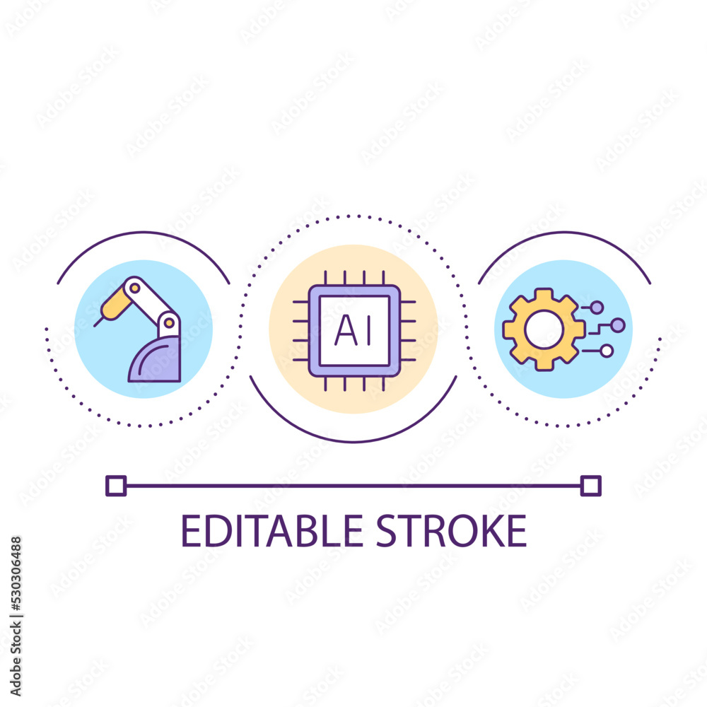 Poster artificial intelligence in manufacture loop concept icon. digitalization of industry. machinery abst
