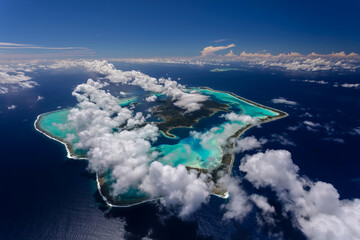 Aerial cloud covered Bora Bora in French Polynesia