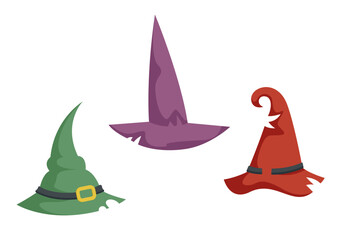 Set of different witch hats. Halloween attributes in cartoon style.