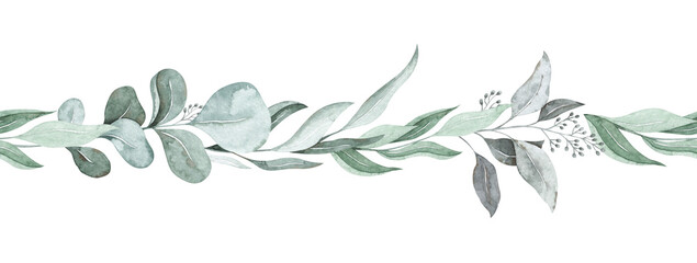 Delicate seamless border with eucalyptus branches. Watercolor repeatable long frame with foliage