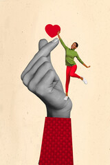Vertical collage image of big human arm black white colors demonstrate korean love gesture small girl touch heart isolated on creative background