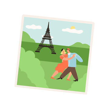 France vacation pic, the landscape with the Eiffel Tower, photography of the couple dancing. Save the memories concept. 