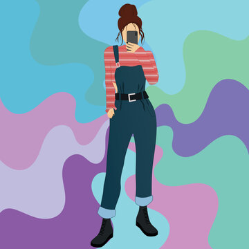 girl vector art. A girl takes a selfie on her phone.