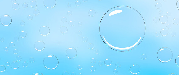 3D background with clear water drops, soap spheres or air bubbles. Condensation droplets, rain or dew on blue surface, abstract wet texture, transparent pure aqua blobs pattern