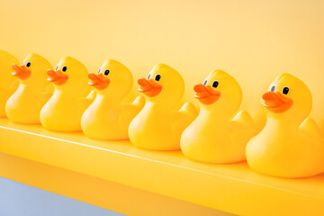 Yellow rubber ducks in a line toy design yellow concept team. Rubber duck background team meeting. Rubber ducky bath toy background yellow ducks in a row. Community. Teamwork. Organize. Cooperation