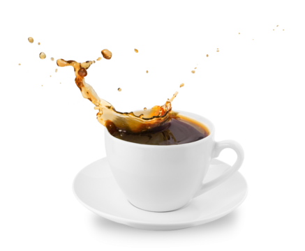 Cup with saucer with splash of coffee. Levitating drink. Isolated on white background