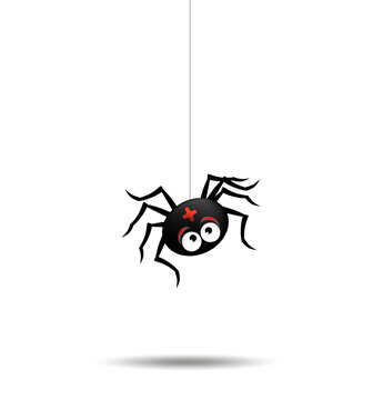 Halloween black spider hanging on spiderweb isolated on white background. Editable Vector illustration