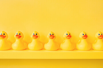 Yellow rubber duck in a line toy design yellow concept team work together. Rubber ducky bath toy background yellow ducks in a row. Rubber duck background team meeting. Community. Teamwork. Cooperation