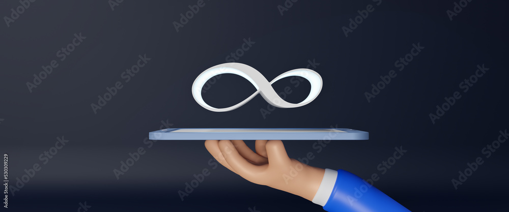 Poster 3d hand holding virtual reality infinity symbol on tablet. metaverse infinite loop unlimited technol