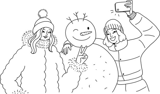 Doodle girlfriends take a picture of themselves on a mobile phone next to a cheerful snowman. Photo for memory with a snowman. Vector isolated illustration of teenagers having fun.