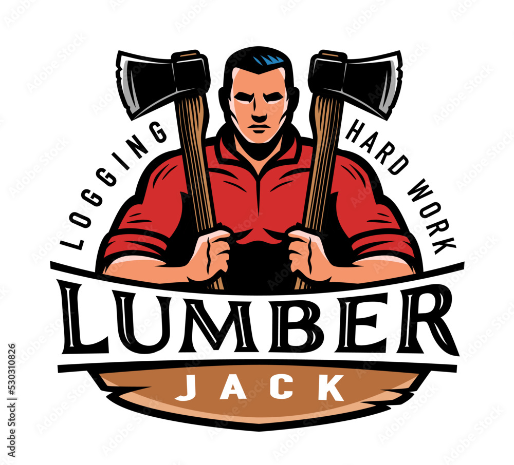 Wall mural Lumberjack with axe design logo. Wood industry, logging emblem and mascot. Woodwork, timber label vector illustration