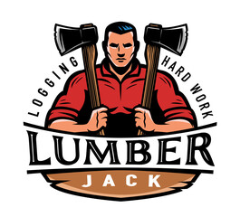 Lumberjack with axe design logo. Wood industry, logging emblem and mascot. Woodwork, timber label vector illustration