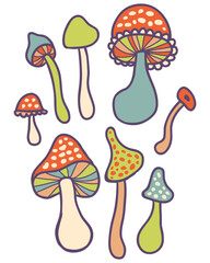 Vintage style psychedelic print with whimsical mushrooms. Perfect for tee, posters, stickers. Hand drawn vector illustration for decor and design.