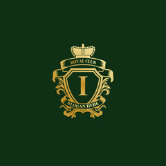 Luxury royal wing Letter I crest Gold color Logo vector. Crest logo, wing logo, vector logo. Vector Royal Shield Golden Laurel Wreath Stock Vector. 
