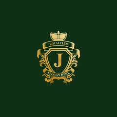 Luxury royal wing Letter J crest Gold color Logo vector. Crest logo, wing logo, vector logo. Vector Royal Shield Golden Laurel Wreath Stock Vector. 