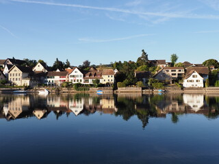 Fototapeta na wymiar Marvelous Rhine River in european STEIN AM RHEIN town in SWITZERLAND