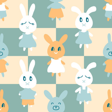 Retro seamless pattern with bunnies on checkered background. Perfect checkerboard print for tee, textile and fabric. Hand drawn vector illustration for decor and design.