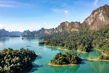 Aerial view of Khao Sok national park Cheow Lan Dam lake in Surat Thani, Thailand