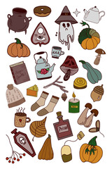 Cartoon funny Halloween stickers. Pumpkin and witch. Cauldron and ghost. Mushroom and magic book. Poison and candle. Coffin and skull. Vector icons set isolated on white background.