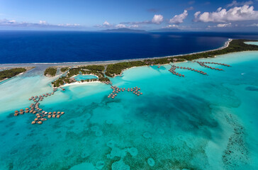 Aerial Bora Bora Luxury Overwater bungalows South Pacific