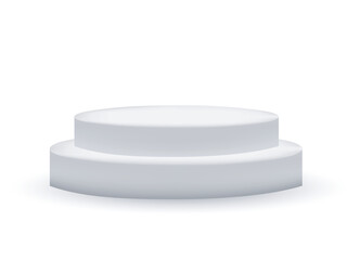 White round pedestal or scene isolated on white background. Two stage advertising podium for award ceremony. 3D vector realistic Mock up. 