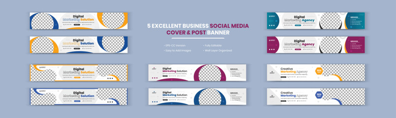 Modern abstract Digital Marketing Solution and Agency Corporate Business banner LinkedIn cover design set, Horizontal web banner set. Flat design concept. Headers vector illustration