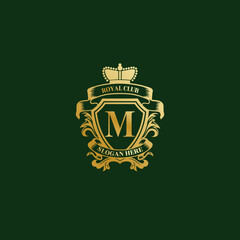 Luxury royal wing Letter M crest Gold color Logo vector. Crest logo, wing logo, vector logo. Vector Royal Shield Golden Laurel Wreath Stock Vector. 