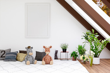 Picture frame mockup  in a children attic playroom. 3d rendered illustration.
