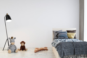 Wall mockup  in a cozy children bedroom. 3d rendered illustration. - obrazy, fototapety, plakaty
