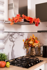Autumn kitchen interior. Red and yellow leaves and flowers in the vase and pumpkin on light background